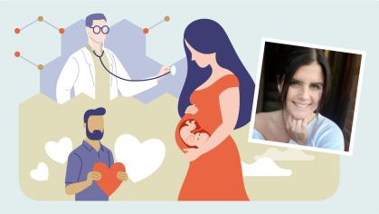 Illustration einer Schwangeren Frau. Vor ihr steht ein Arzt und ein Mann, mit einem Herz in der Hand. Neben der illustrierten Frau ist ein Foto von Sandra Jacobi zu sehen. 