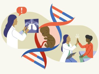 Illustration mit verschiedenen Elementen: Darstellung einer Ärztin im Gespräch mit einem Kind, DNA-Strang, Neugeborenes