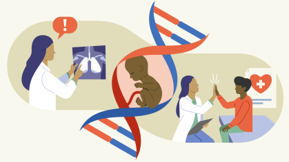 Illustration mit verschiedenen Elementen: Darstellung einer Ärztin im Gespräch mit einem Kind, DNA-Strang, Neugeborenes