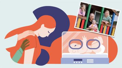 Illustration mit verschiedenen Elementen: Neugeborenes im Inkubator, nach unten schauende Frau auf dessen Schulter die Hände von zwei Menschen liegen, Ein Fragezeichen, welches den Kopf der Frau umrahmt, Familienfoto